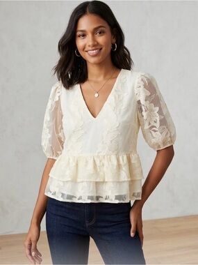 Express Ivory Lace V-Neck Peplum Blouse